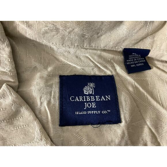 Caribbean Joe Shirt Mens XL Beige 100% Silk Floral Jacquard Button Up Camp - Picture 7 of 10